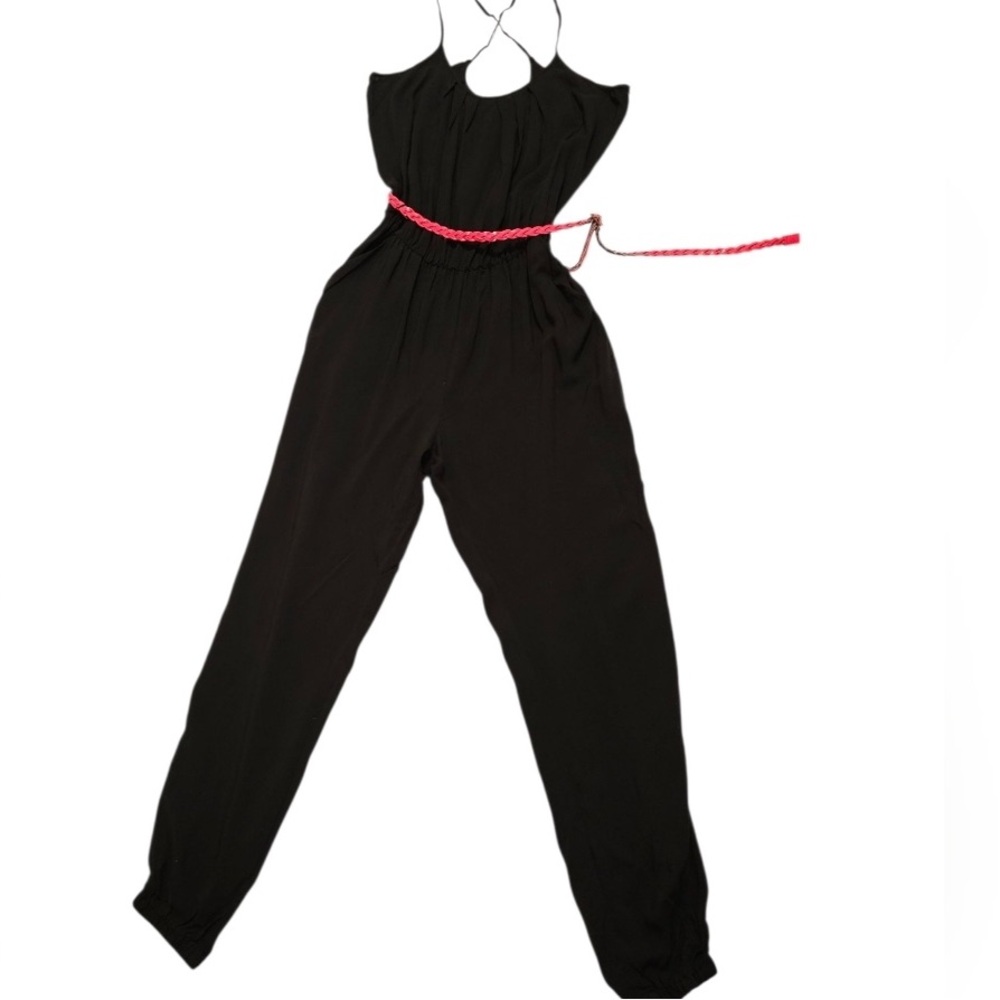 Elegant Black Jumpsuit with Pink Belt